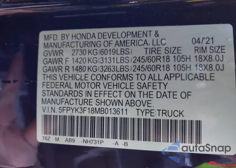 2021 Honda Ridgeline Awd Sport из США, поврежденный, VIN 5FPYK3F18MB013611